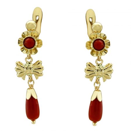 Pendientes arquillo color coral con moña oro 18k