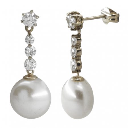 Pendientes chorrera de circonitas y perlas oro blanco 18k