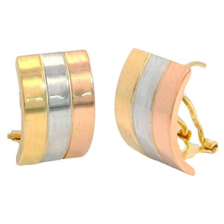 Pendientes tricolor tres bandas en brillo espejo oro 18k