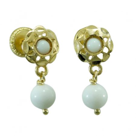 Pendientes arquillo bola color marfil tallados oro 18k