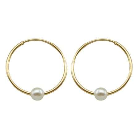 Pendientes aro brillo tubo liso 14x1mm con perla oro 18k
