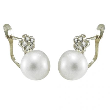 Pendientes comunión circonitas y perla oro blanco 18k