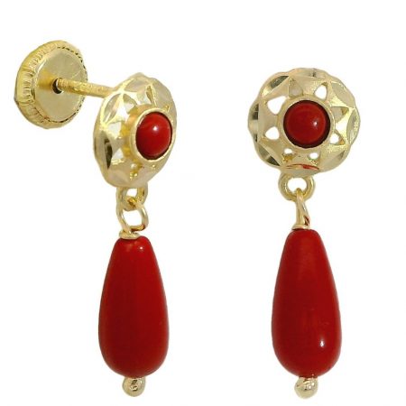 Pendientes arquilllo bola color coral tallados oro 18k