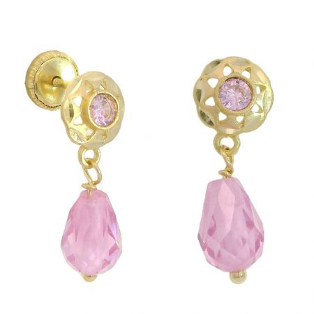 Pendientes arquillo y cristal rosa tallados brillo oro 18k