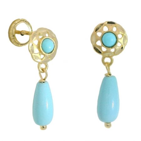 Pendientes arquillo bola color turquesa tallados oro 18k