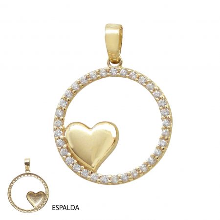 Colgante círculo con circonitas y corazón liso brillo oro 18k
