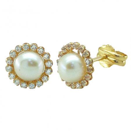 Pendientes orla circonitas y perla oro 18k