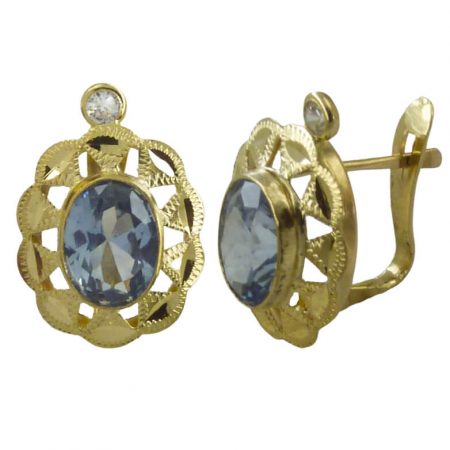 Pendientes cubana piedra color aguamarina oro 18k
