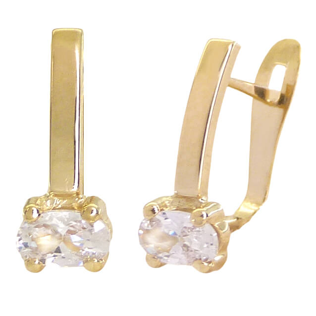 Pendientes barra lisa con circonita oval 4 garras oro 18k