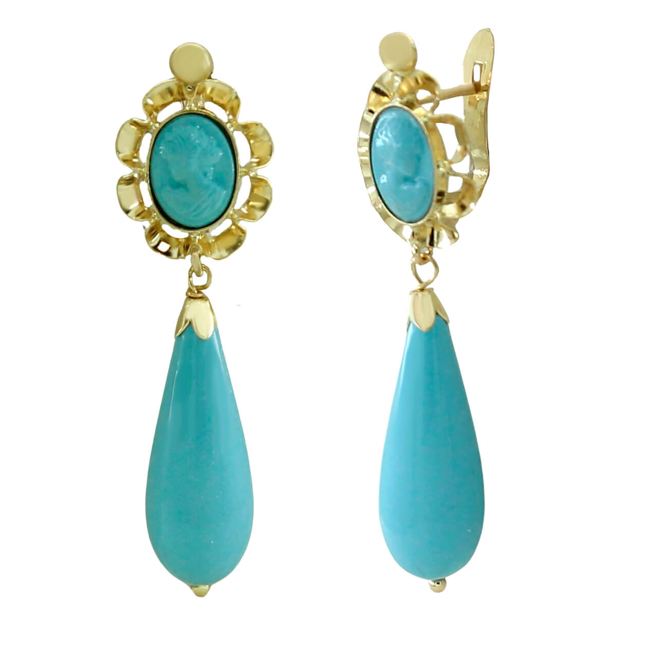 Pendientes arquillo camafeo color turquesa oro 18k