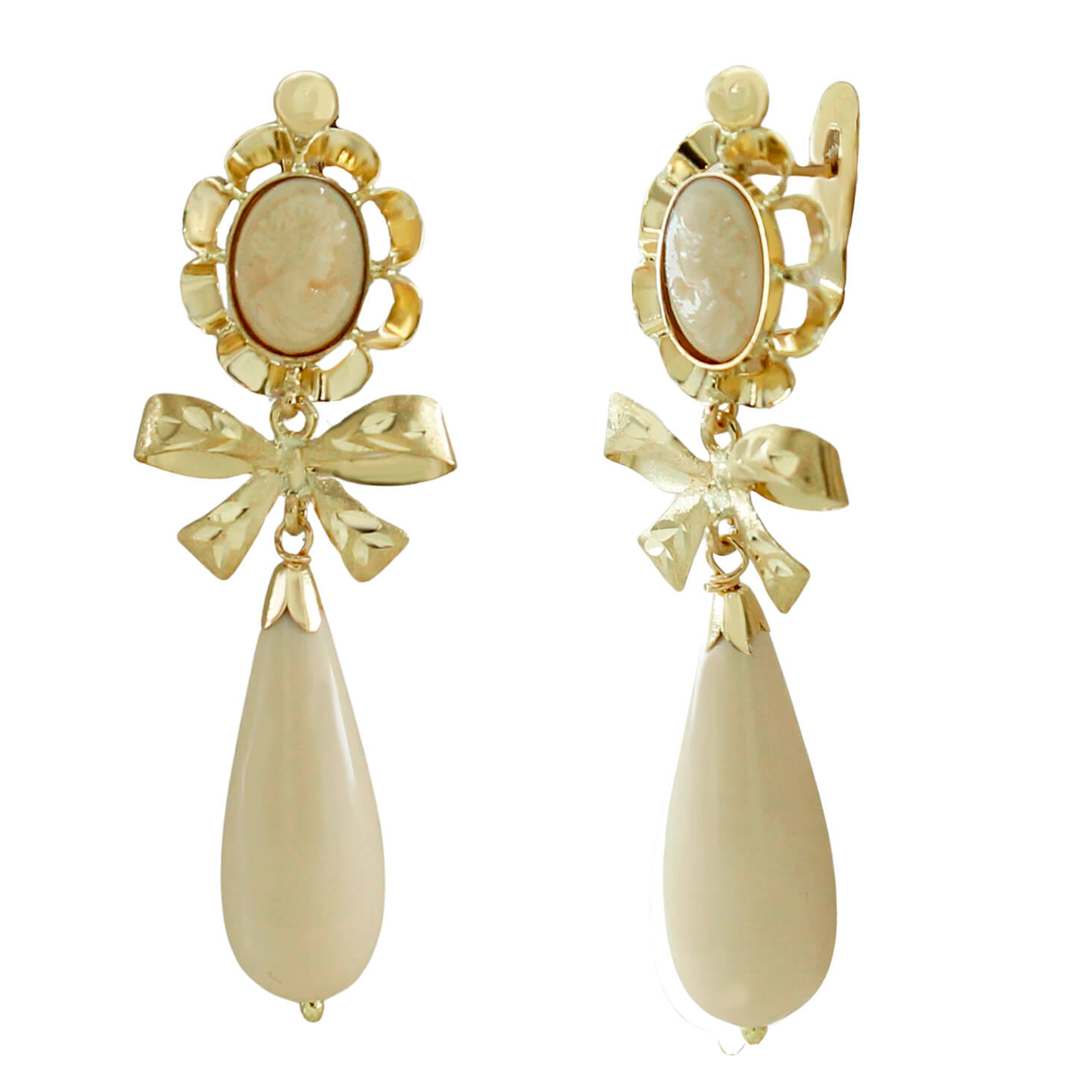 Pendientes arquillo chupon color marfil con lazo oro 18k
