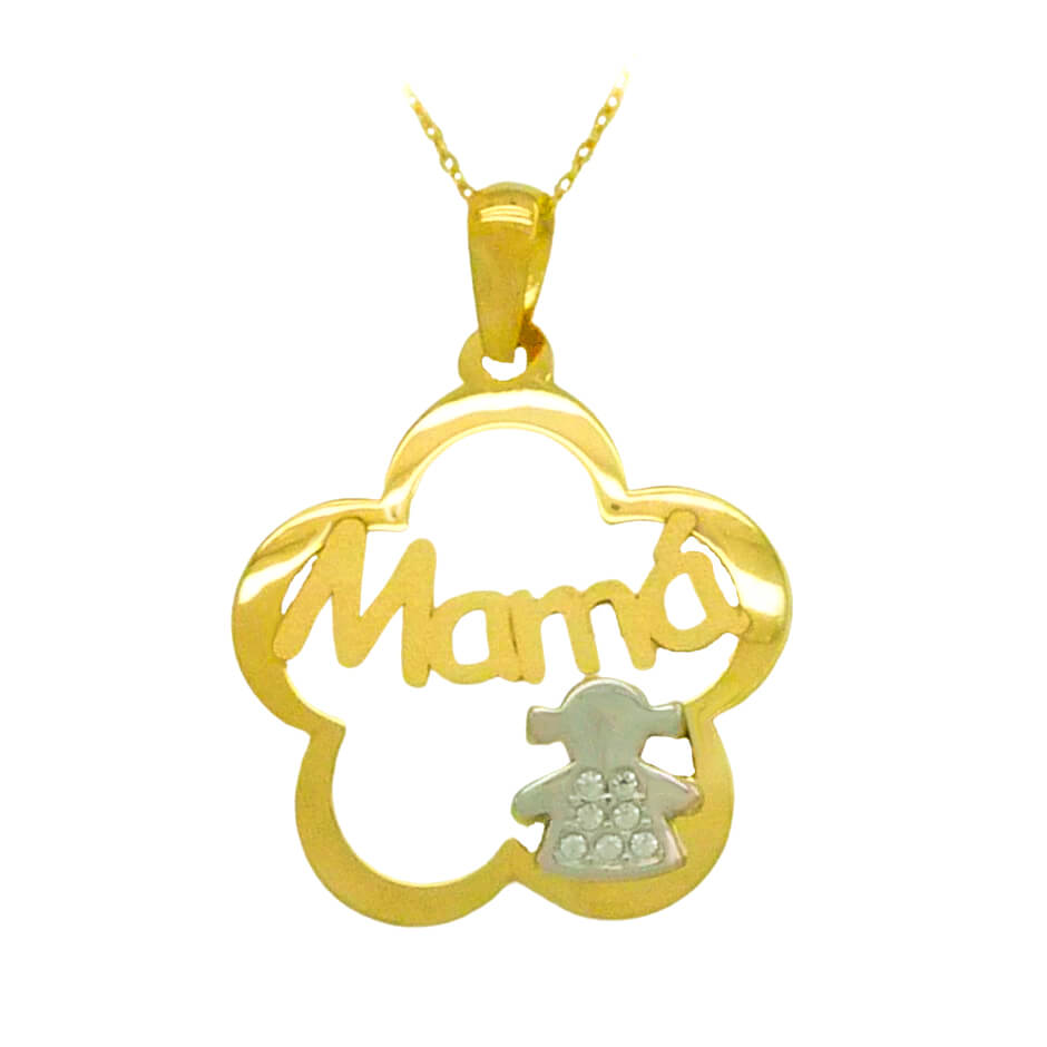Gargantilla flor "mamá" con niña circonitas bicolor oro 18k