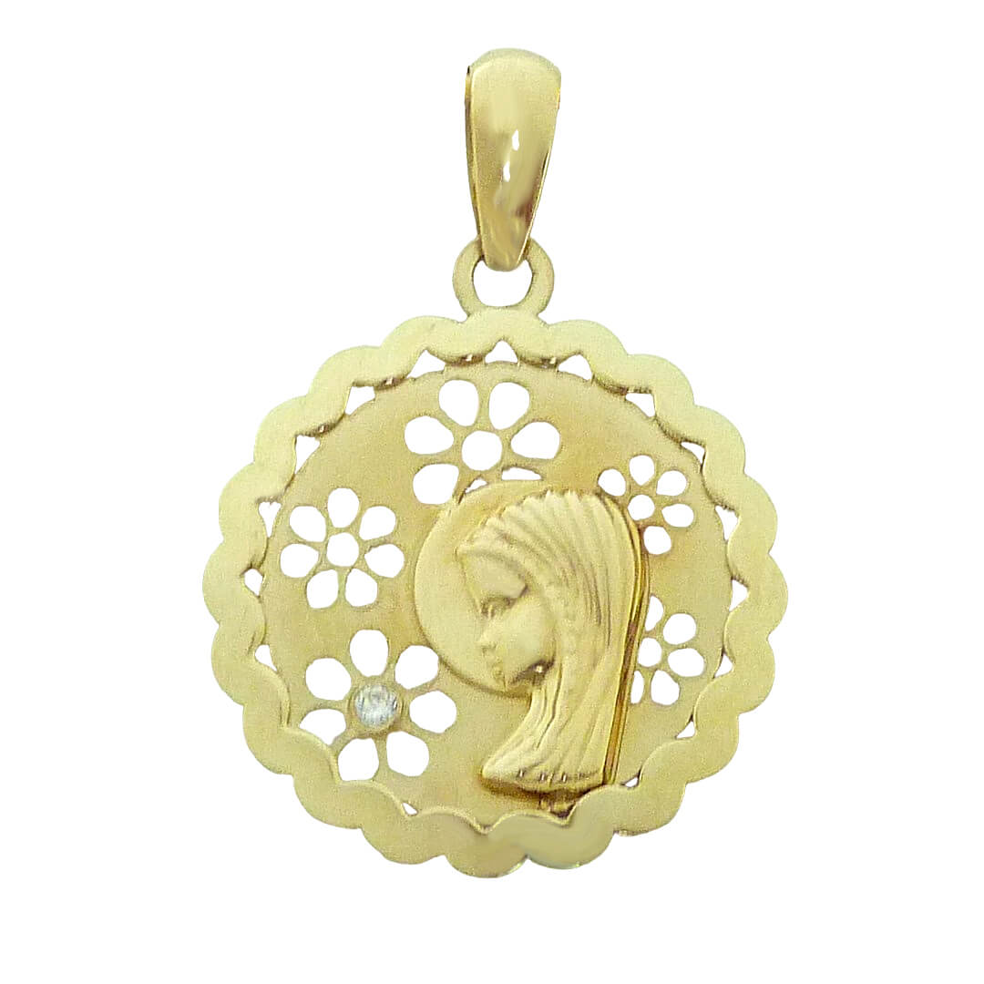 Medalla comunión calada brillo-mate y circonita 15mm. oro 18k