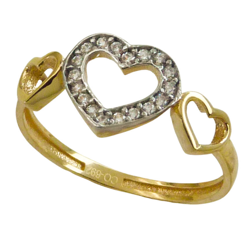 Anillo bicolor con tres corazones circonitas oro 18k