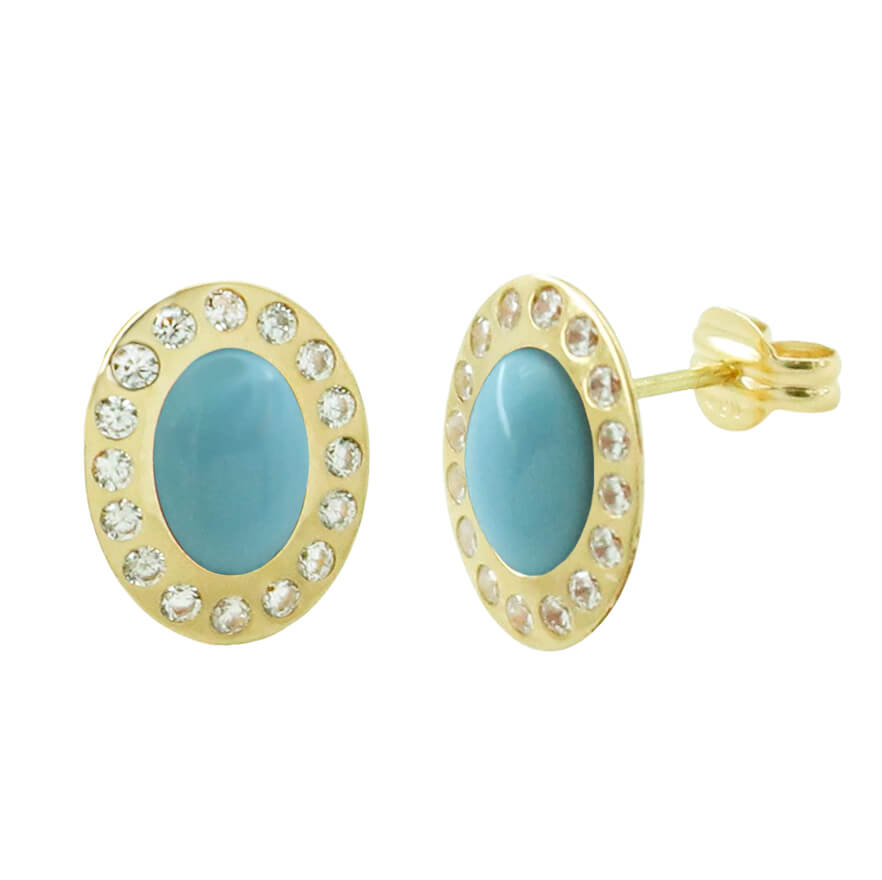 Pendiente oval con cabuchón color turquesa y circonitas oro 18k
