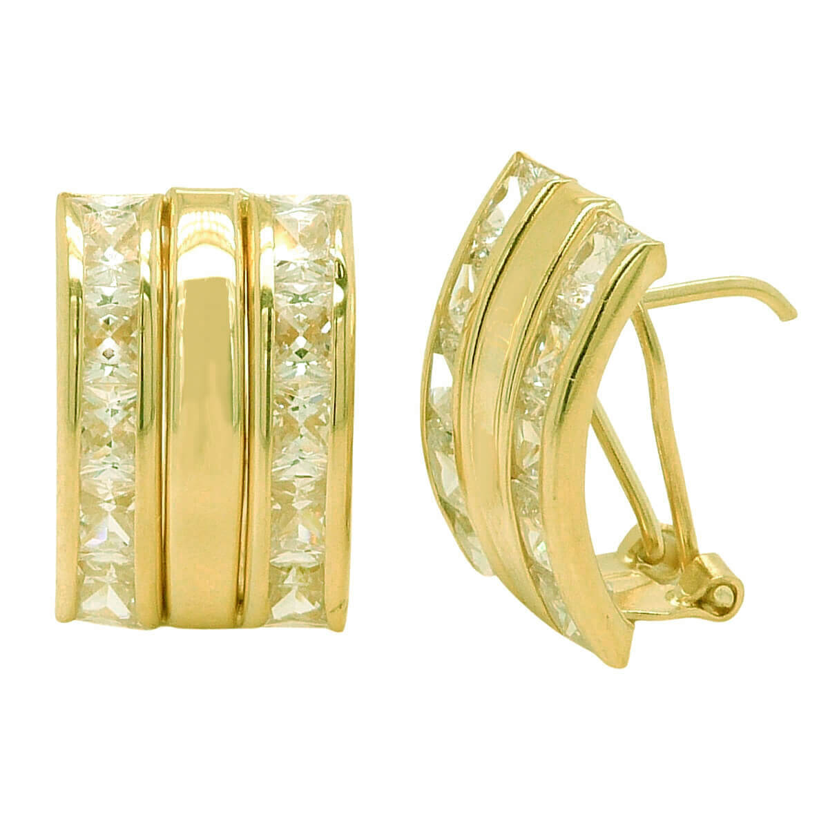 Pendientes 3 bandas brillo y circonitas carré 15x10mm. oro 18k