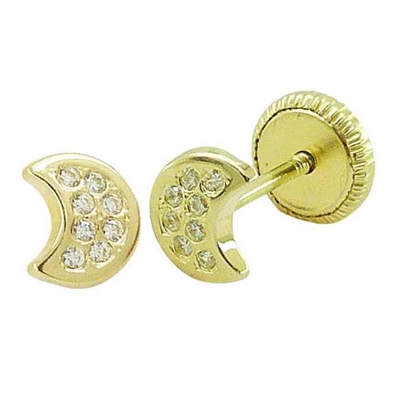 Pendientes media luna brillo con circonitas 5mm. oro 18k