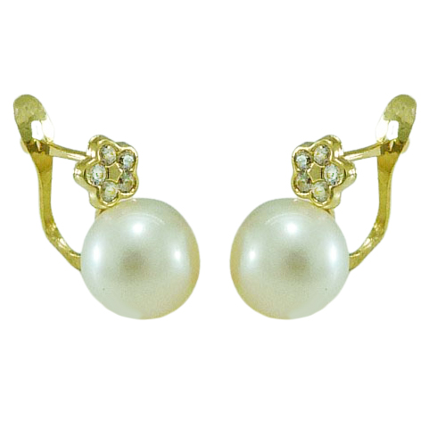 Pendientes comunión flor circonitas y perla oro 18k