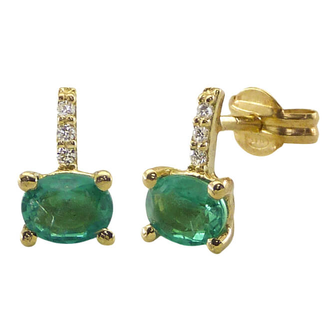 Pendientes esmeralda oval 4 garras y diamantes oro 18k