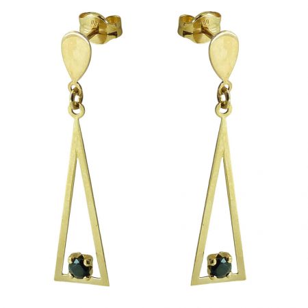 Pendiente triángulo gota y circonita negra 30mm oro 18k