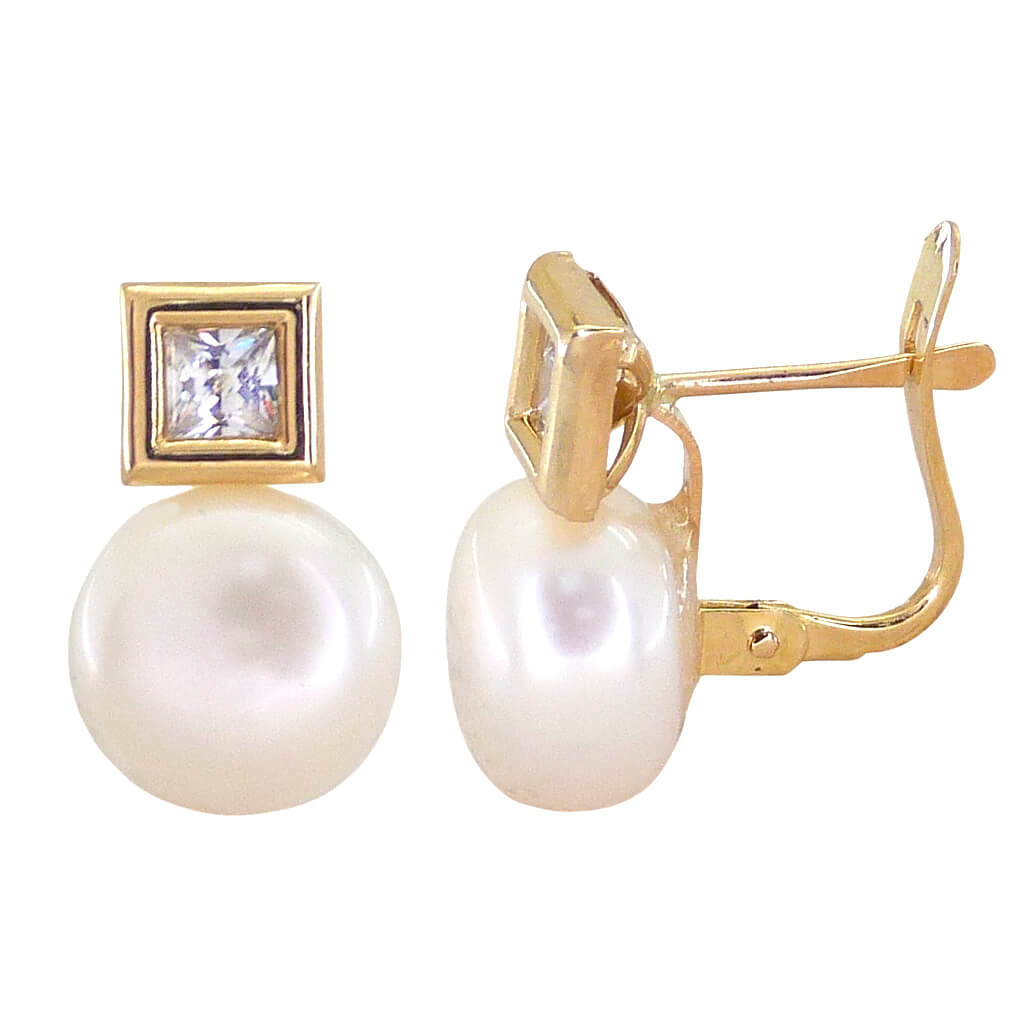 Pendientes cuadrado circonita 6mm perla botón 10mm. oro 18k