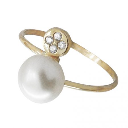 Anillo comunión fino con circonitas y perla natural oro blanco 18k