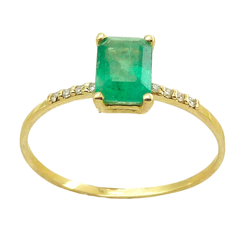 Sortija esmeralda rectangular 4 garras y diamantes oro 18k