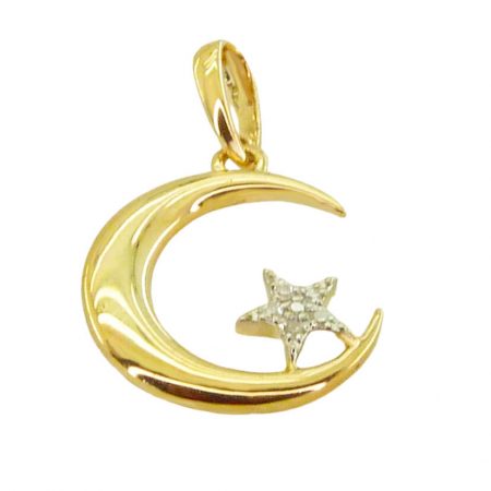 Colgante media luna estrella y diamantes oro 18k
