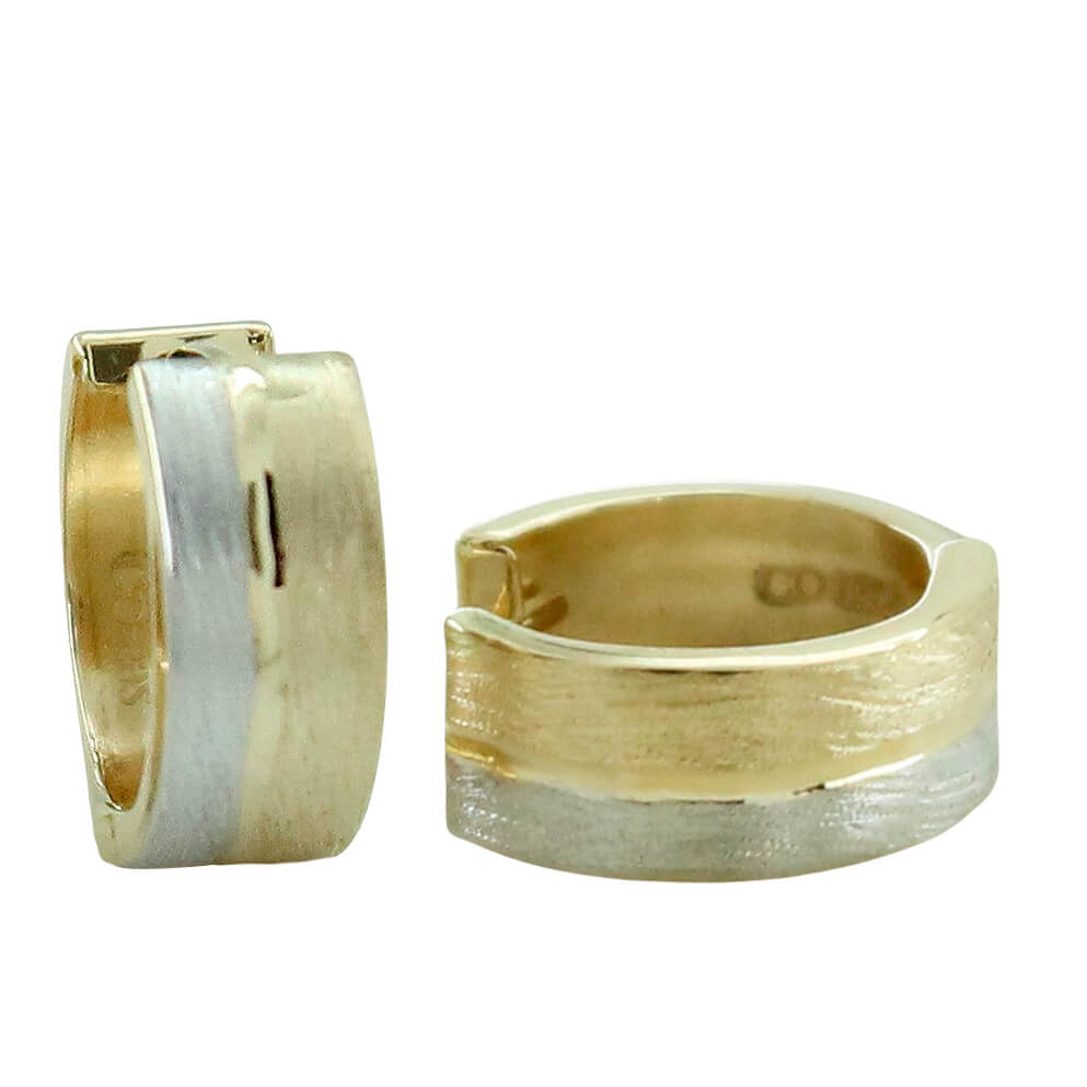 Aros huggies tallados bicolor matizado oro 18k