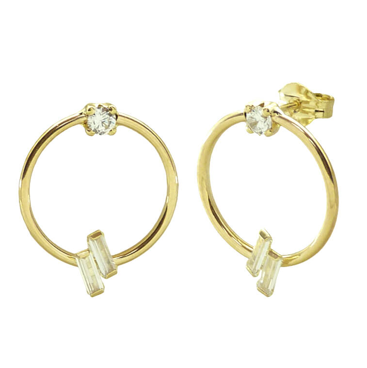 Pendientes aro con circonitas y baguette 14x1,5mm. oro 18k