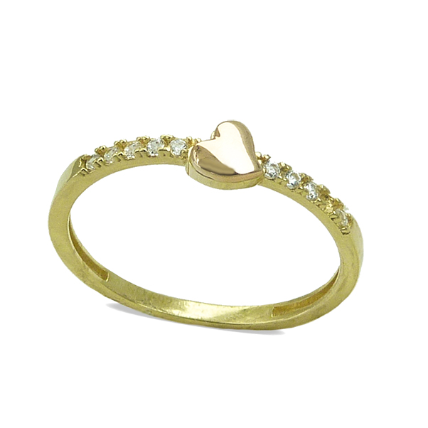 Anillo fino brillo bicolor con circonitas y corazón oro 18k