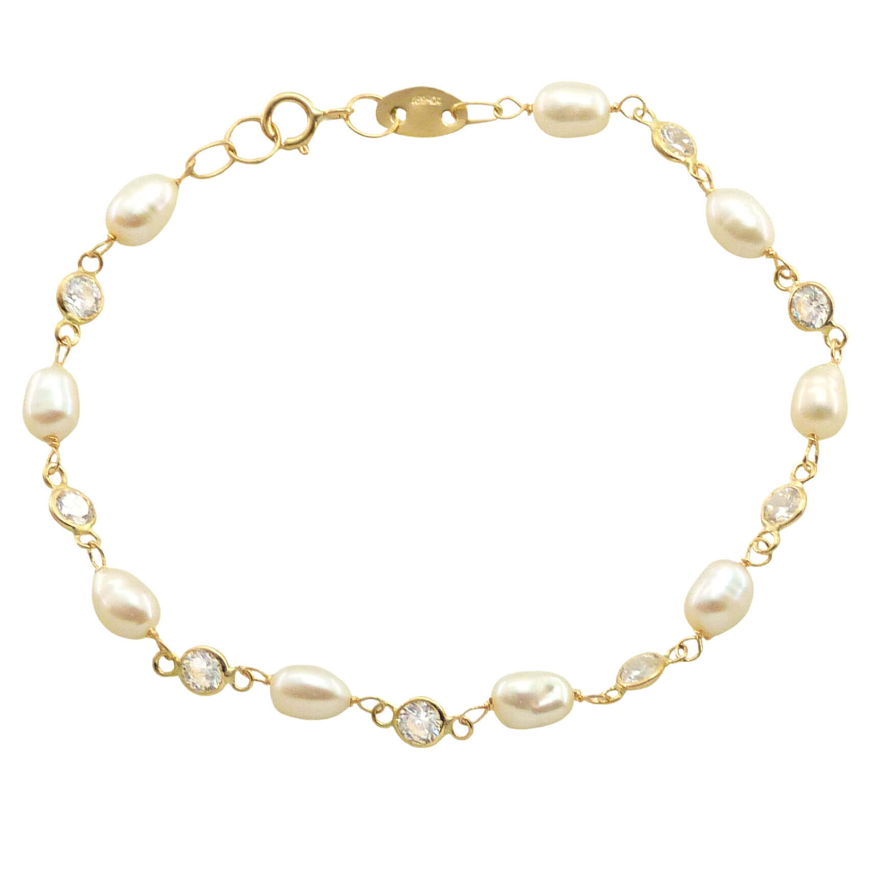 Pulsera de comunión con circonitas y perlas oro 18k