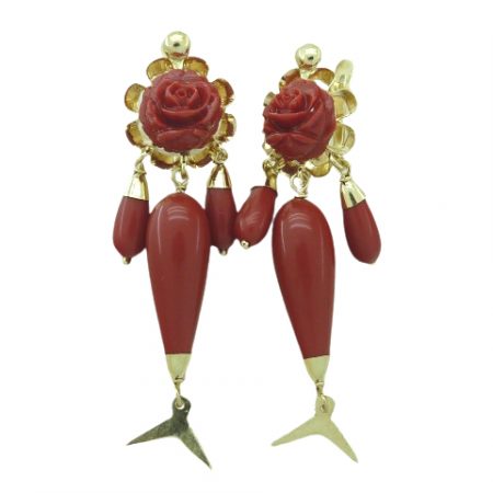 Pendientes arquillo rosetón color coral oro 18k