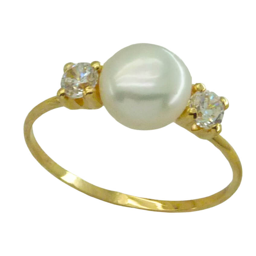 Anillo comunión fino brillo 2 circonitas y perla natural oro 18k