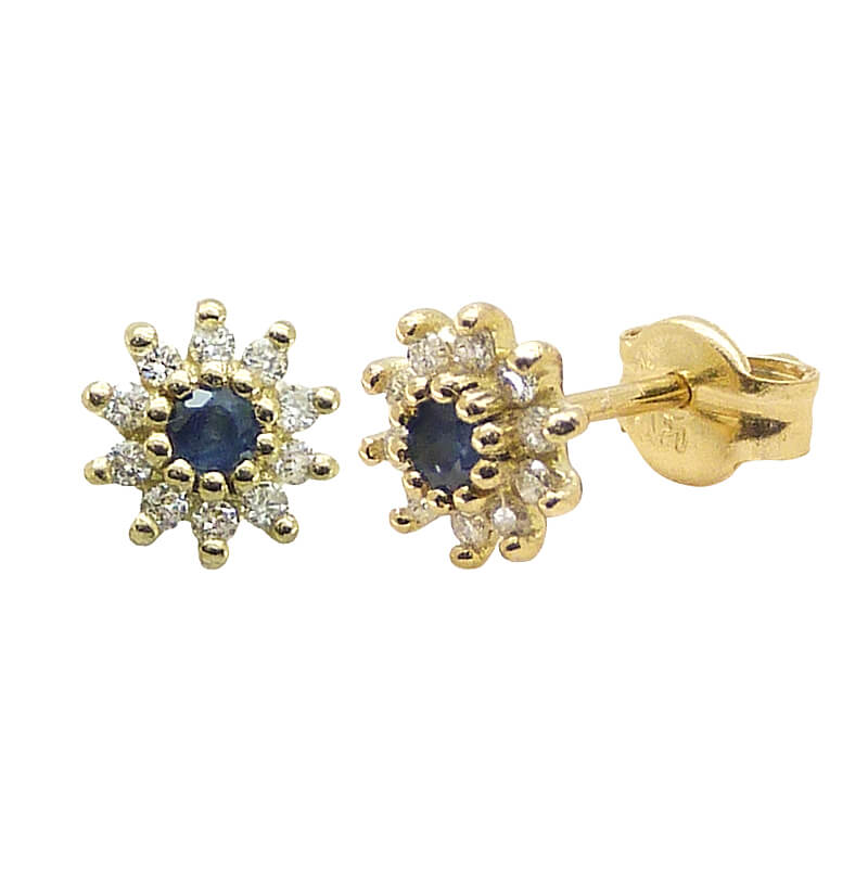 Pendientes flor zafiro y diamantes oro 18k