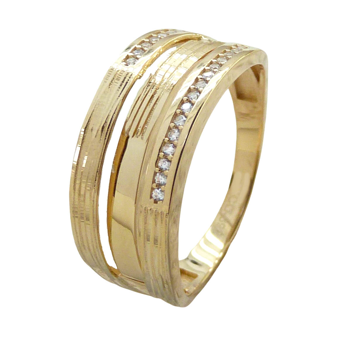 Anillo ancho brillo liso circonitas oro 18k