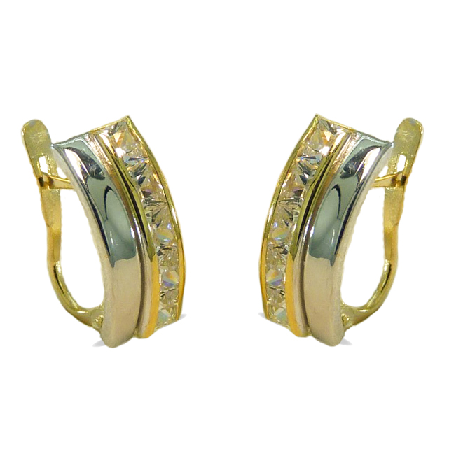 Pendientes dos bandas bicolor circonitas oro 18k
