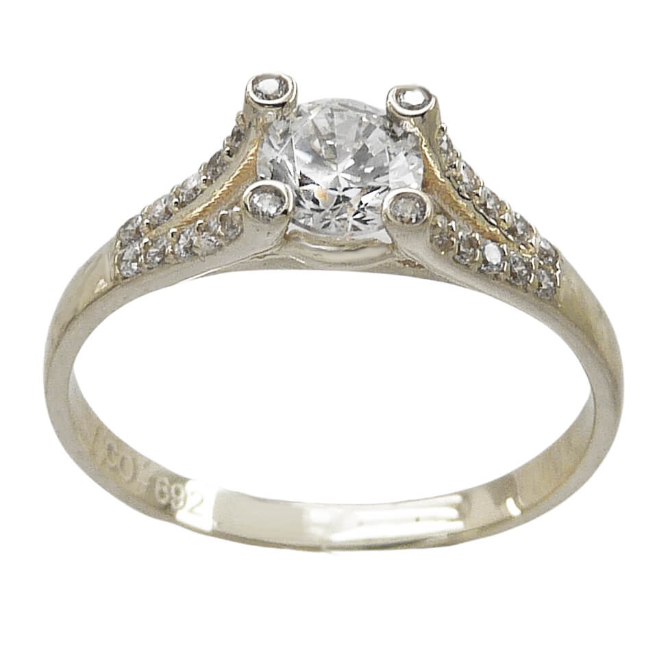 Anillo brillo circonitas y circonita central 4 garras oro blanco 18k