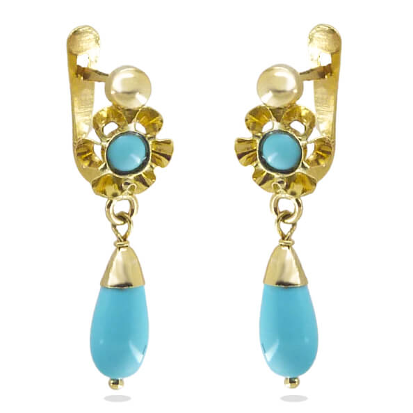 Pendientes arquillo chupón color turquesa medida 20mm.oro 18k