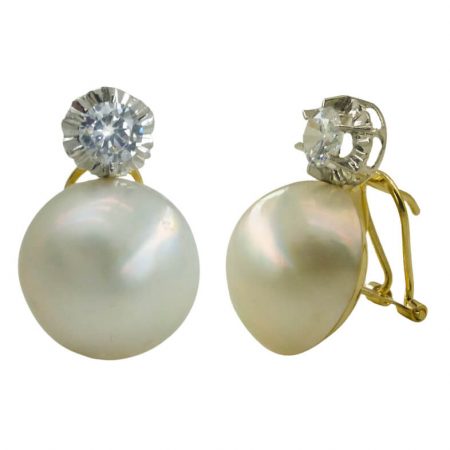 Pendientes perla japonesa 12-15mm. y circonita bicolor oro 18k