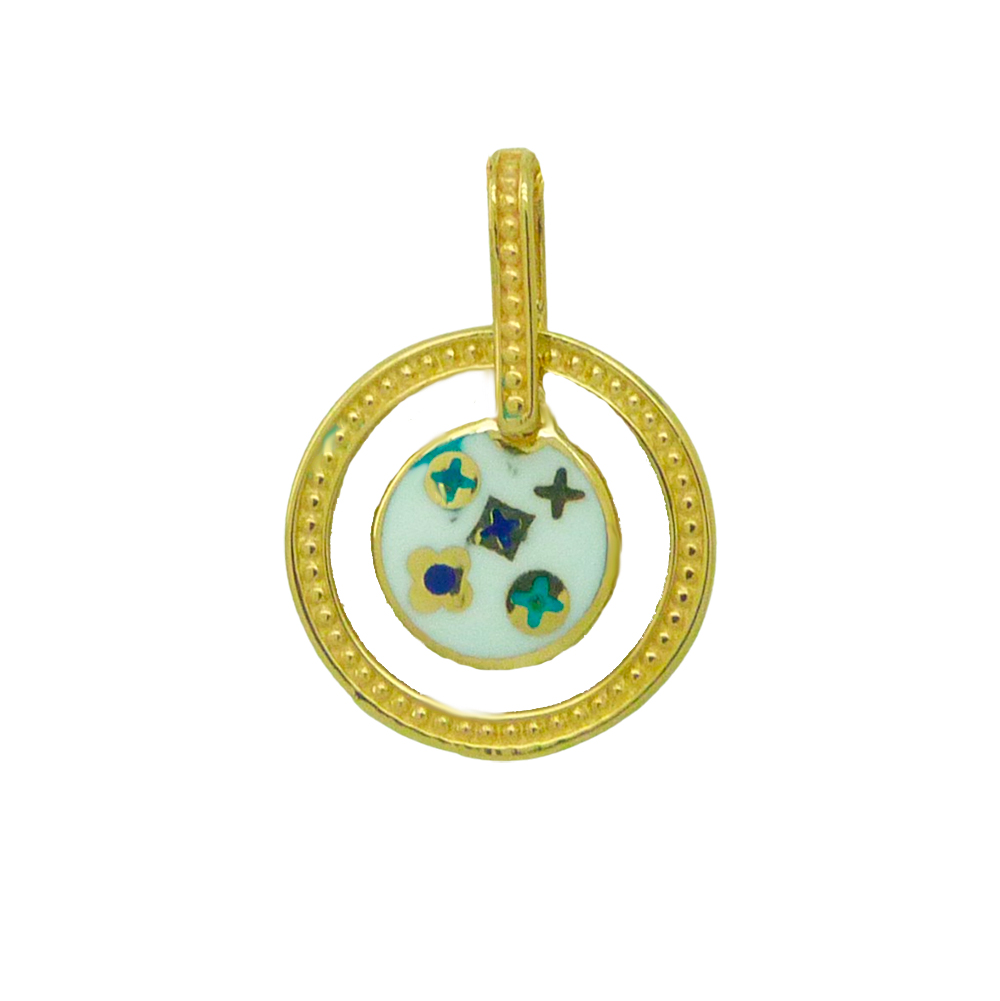 Colgante circulo y medalla esmaltada oro 18k