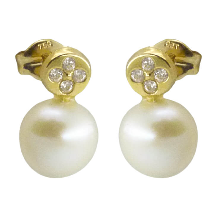 Pendientes redondos con circonitas y perla oro 18k
