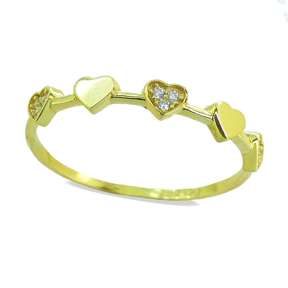 Anillo con corazones en brillo lisos y circonitas oro 18k
