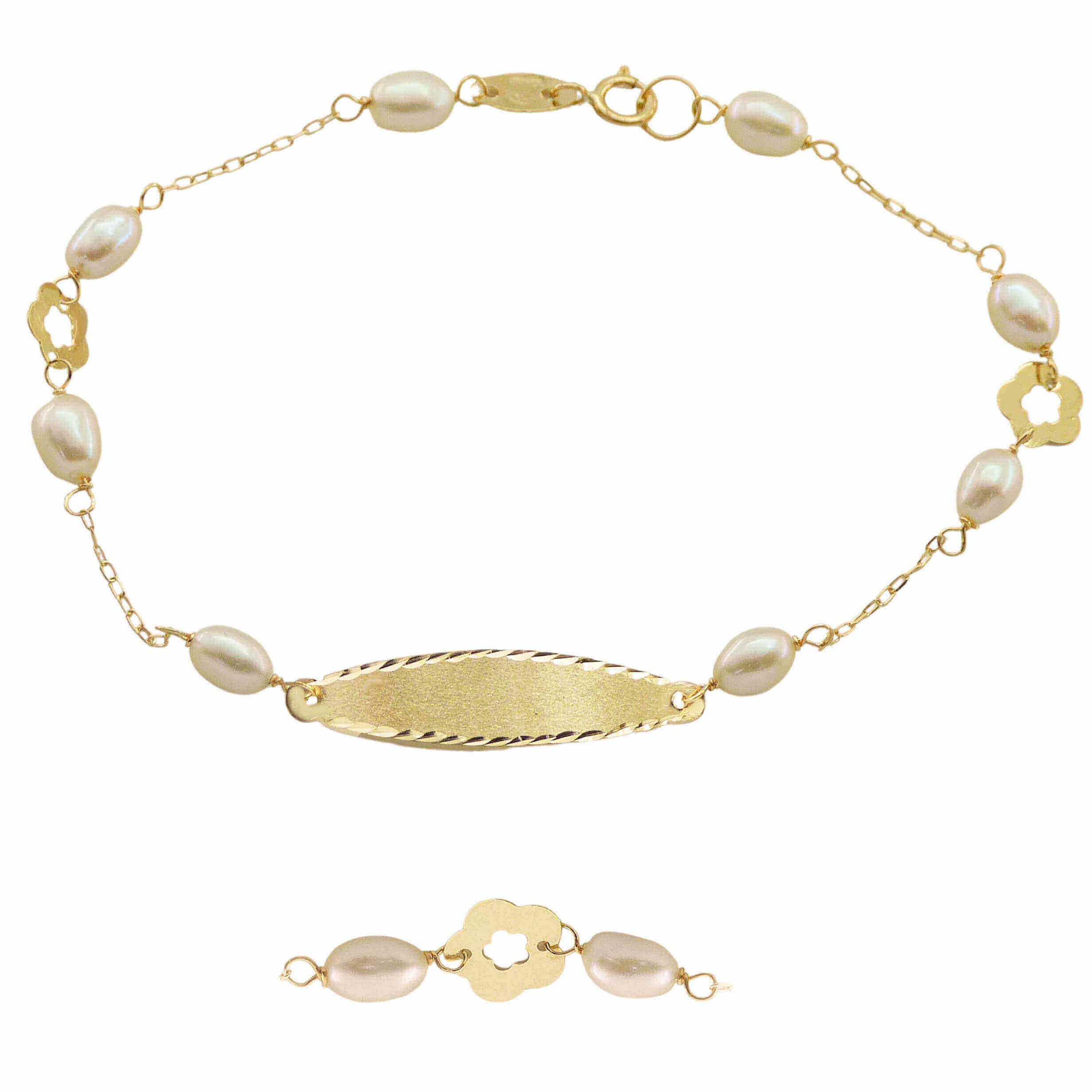 Esclava comunión chapa tallada perlas y flor oro 18k