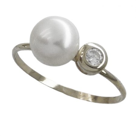 Anillo comunión chatón de circonita y perla natural oro blanco 18k