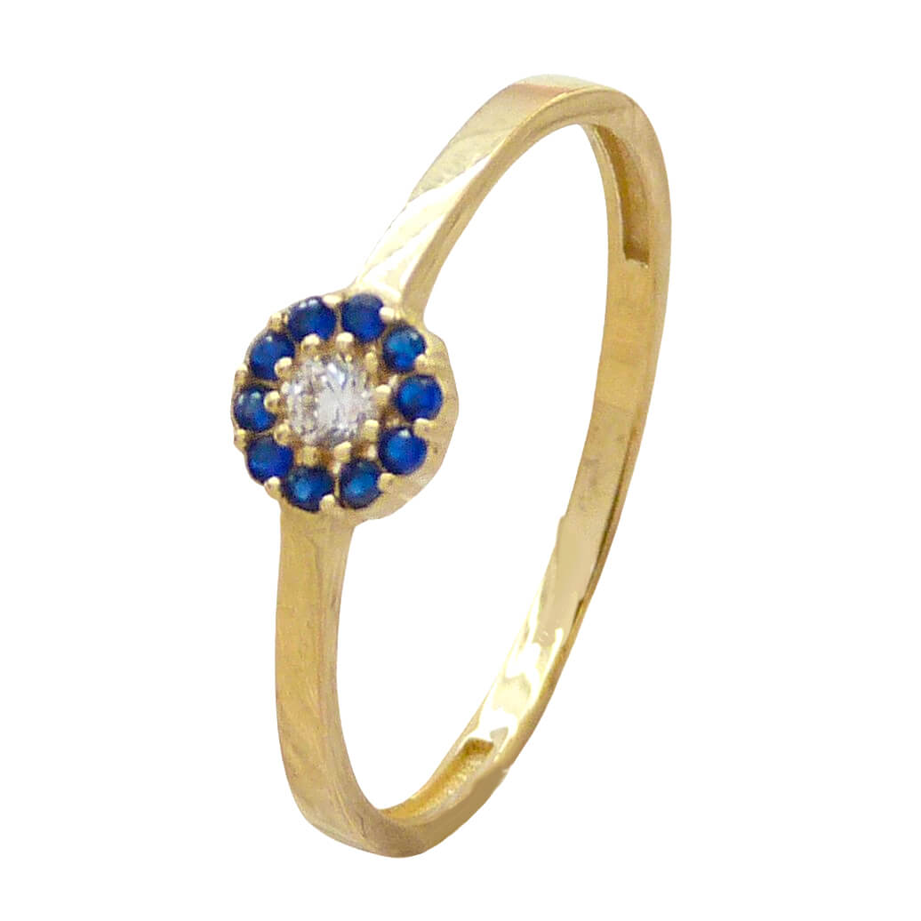 Anillo circulo circonitas blancas y azules oro 18k