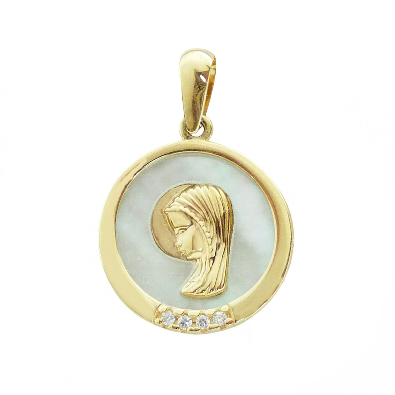 Colgante medalla de la Virgen Niña con nácar oro 18k