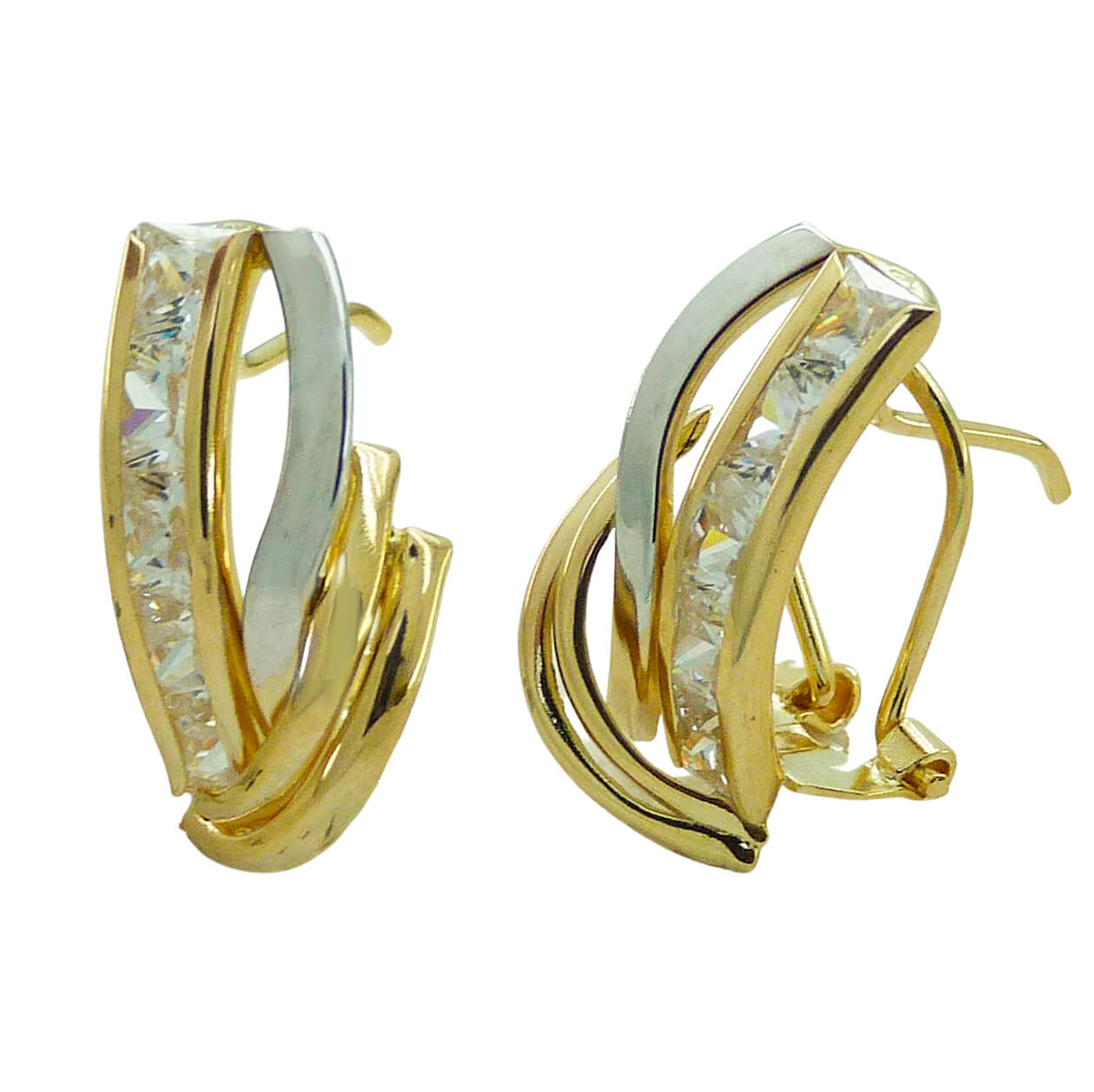 Pendientes circonitas talla carré bicolor oro 18k