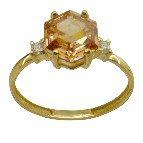 Anillo piedra hexagonal color champagne circonitas oro 18k