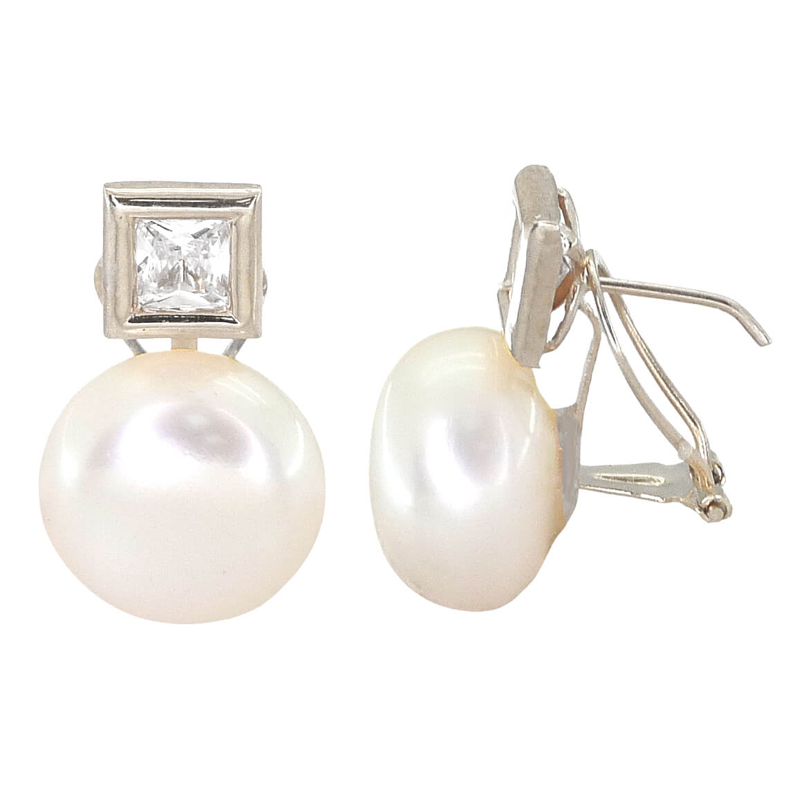 Pendientes cuadrado circonita 7'5mm perla botón 12mm.oro blanco 18k